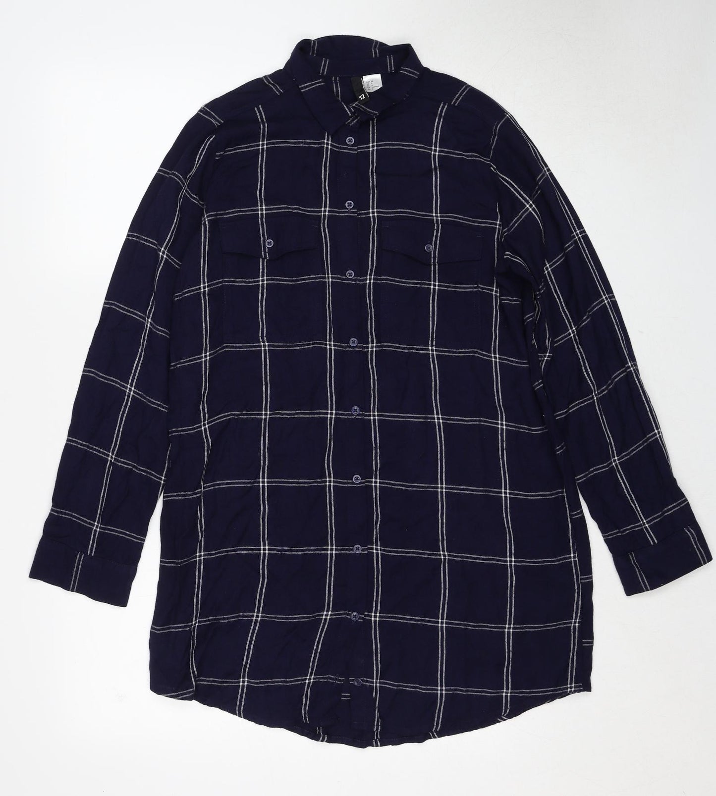H&M Womens Blue Check Viscose Tunic Button-Up Size 12 Collared