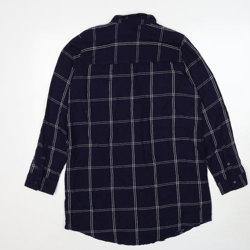 H&M Womens Blue Check Viscose Tunic Button-Up Size 12 Collared