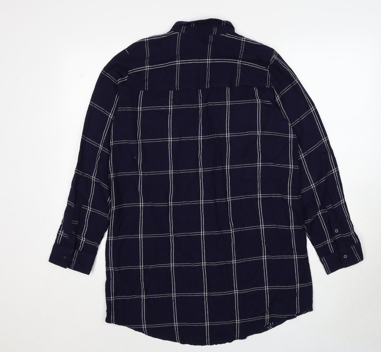 H&M Womens Blue Check Viscose Tunic Button-Up Size 12 Collared