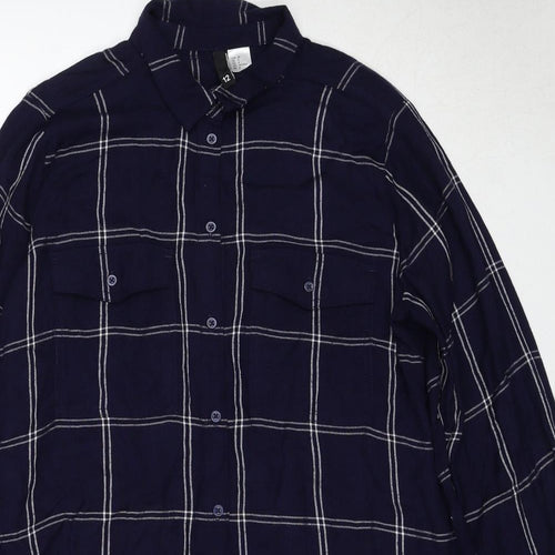 H&M Womens Blue Check Viscose Tunic Button-Up Size 12 Collared