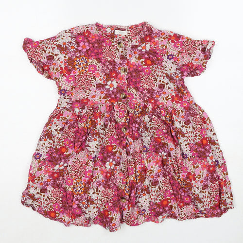 NEXT Girls Pink Floral Viscose A-Line Size 6 Years Round Neck Button