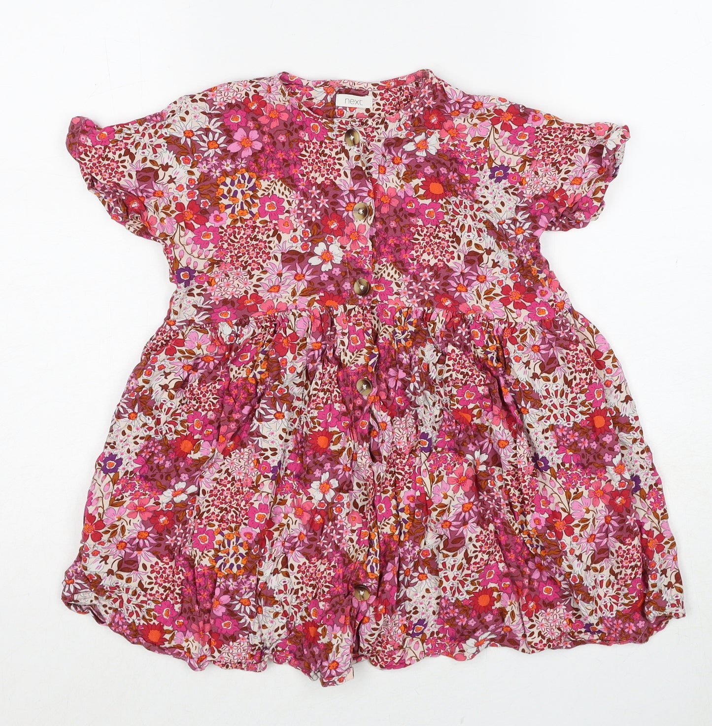 NEXT Girls Pink Floral Viscose A-Line Size 6 Years Round Neck Button