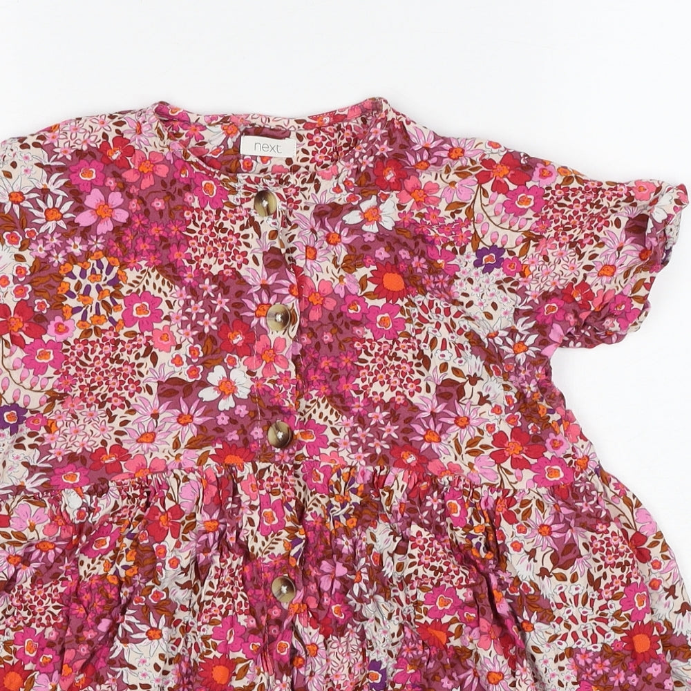 NEXT Girls Pink Floral Viscose A-Line Size 6 Years Round Neck Button