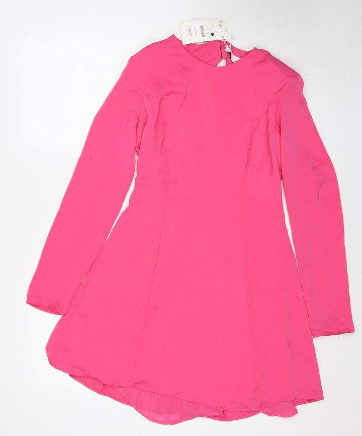 Bershka Womens Pink Polyester Fit & Flare Size L Round Neck Zip