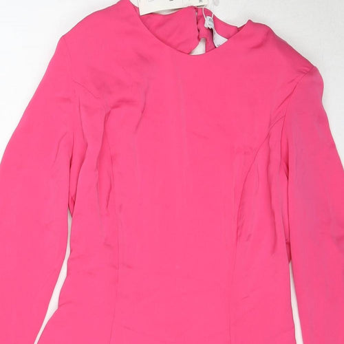 Bershka Womens Pink Polyester Fit & Flare Size L Round Neck Zip