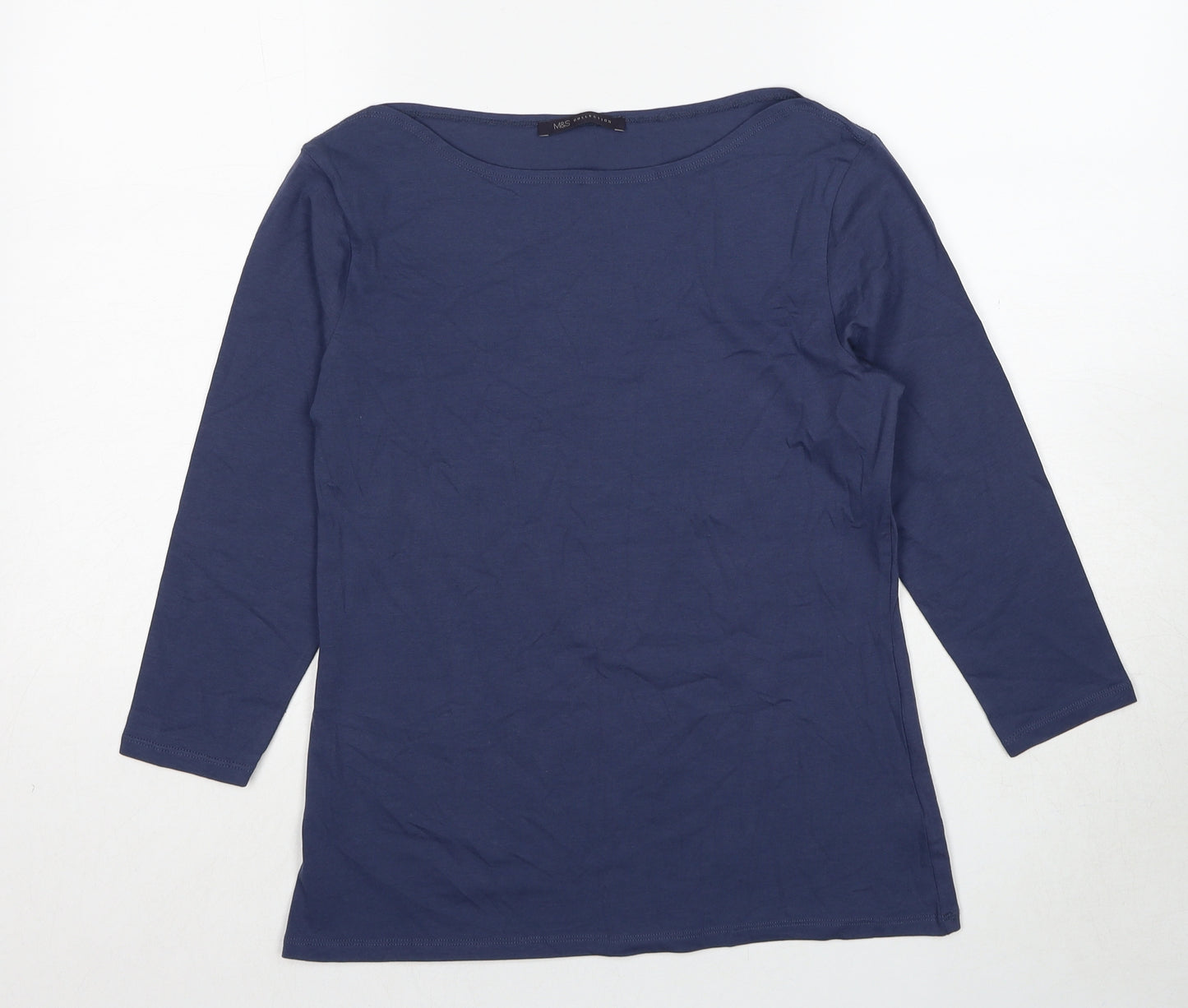 Marks and Spencer Womens Blue Cotton Basic T-Shirt Size 14 Boat Neck
