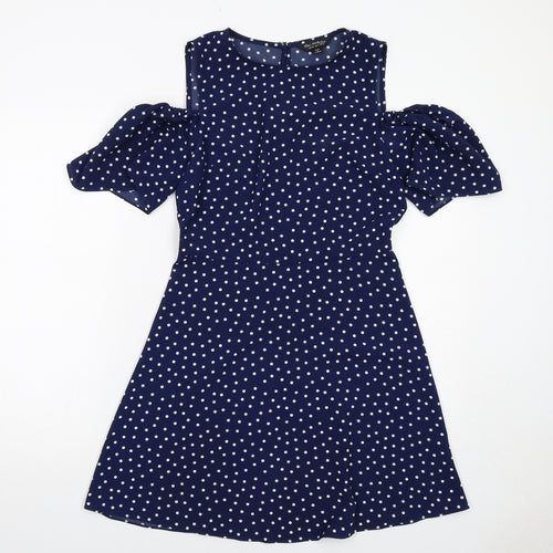 Miss Selfridge Womens Blue Polka Dot Polyester A-Line Size 10 Round Neck Zip - Cold Shoulder