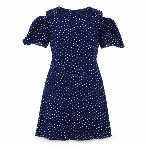 Miss Selfridge Womens Blue Polka Dot Polyester A-Line Size 10 Round Neck Zip - Cold Shoulder