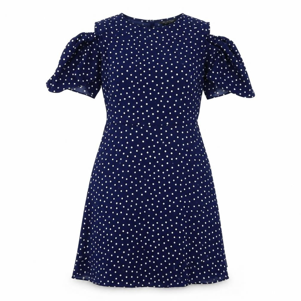 Miss Selfridge Womens Blue Polka Dot Polyester A-Line Size 10 Round Neck Zip - Cold Shoulder