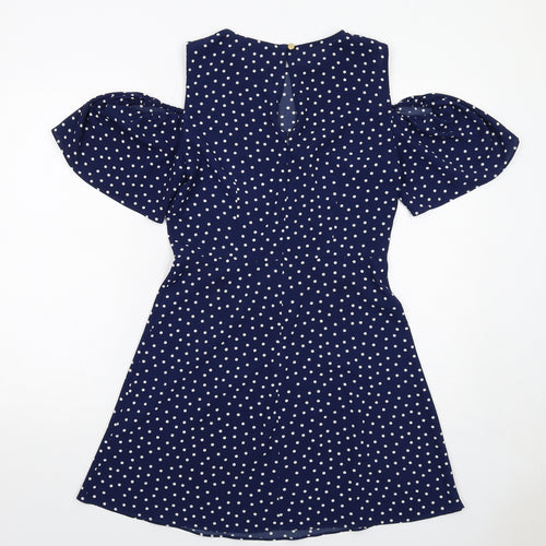 Miss Selfridge Womens Blue Polka Dot Polyester A-Line Size 10 Round Neck Zip - Cold Shoulder