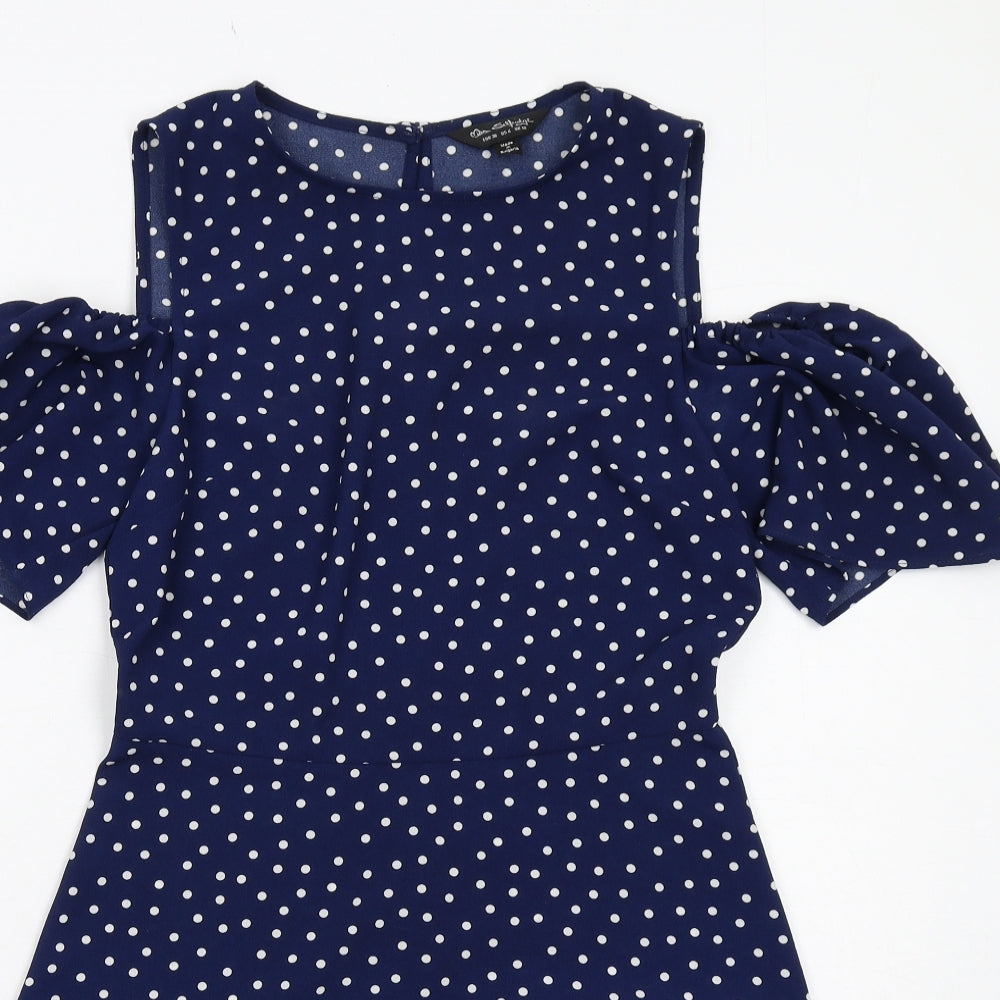 Miss Selfridge Womens Blue Polka Dot Polyester A-Line Size 10 Round Neck Zip - Cold Shoulder