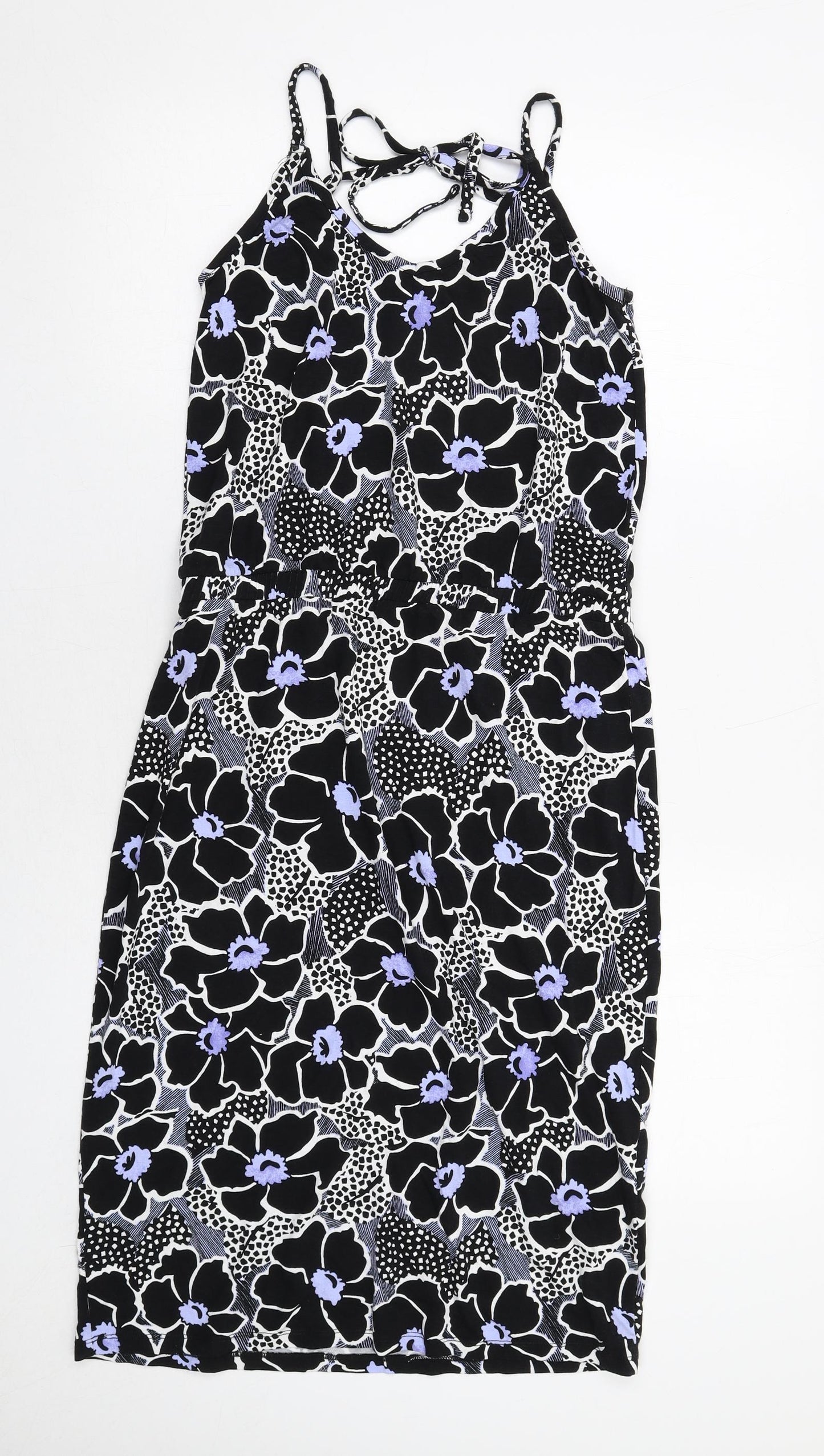 Warehouse Womens Black Floral Viscose Tank Dress Size 10 Round Neck Pullover