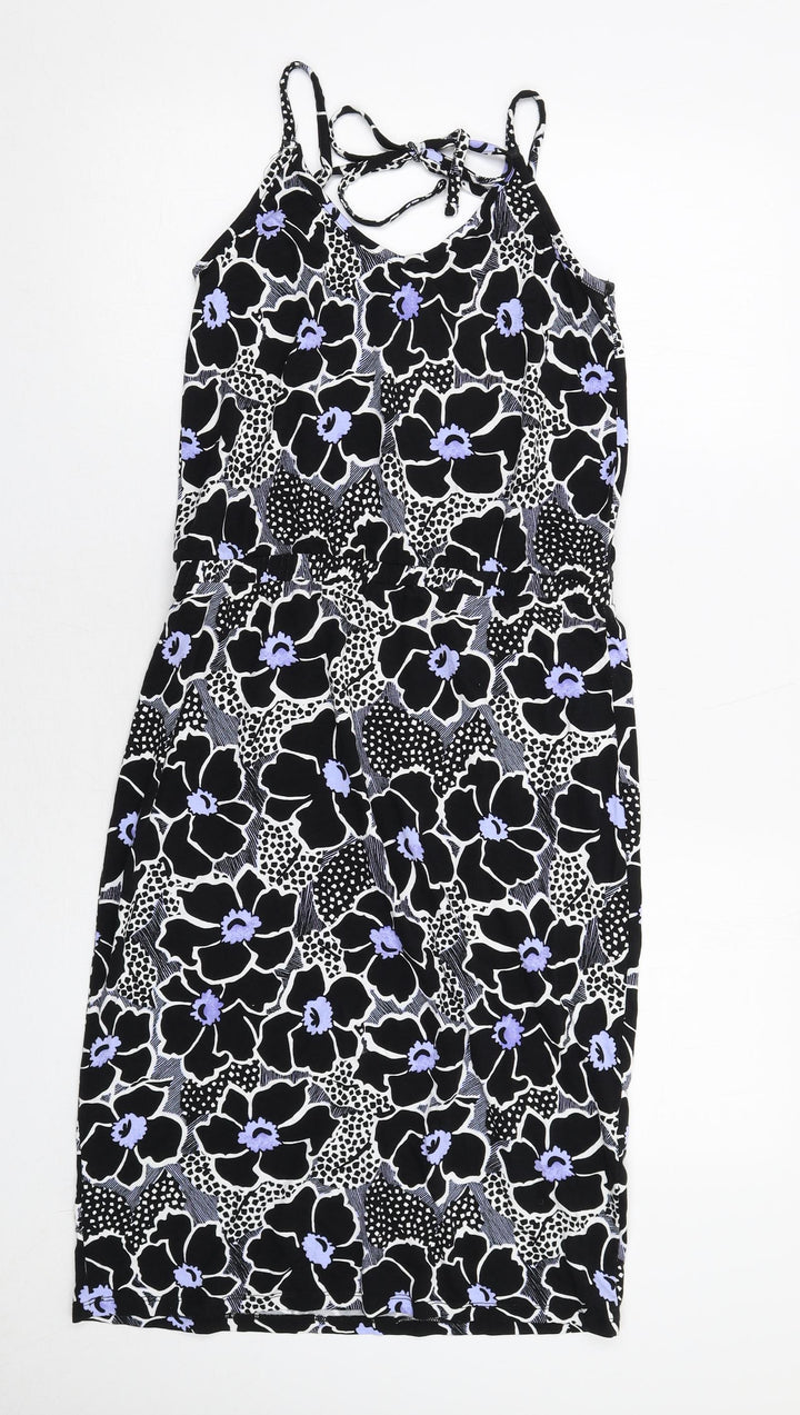 Warehouse Womens Black Floral Viscose Tank Dress Size 10 Round Neck Pullover