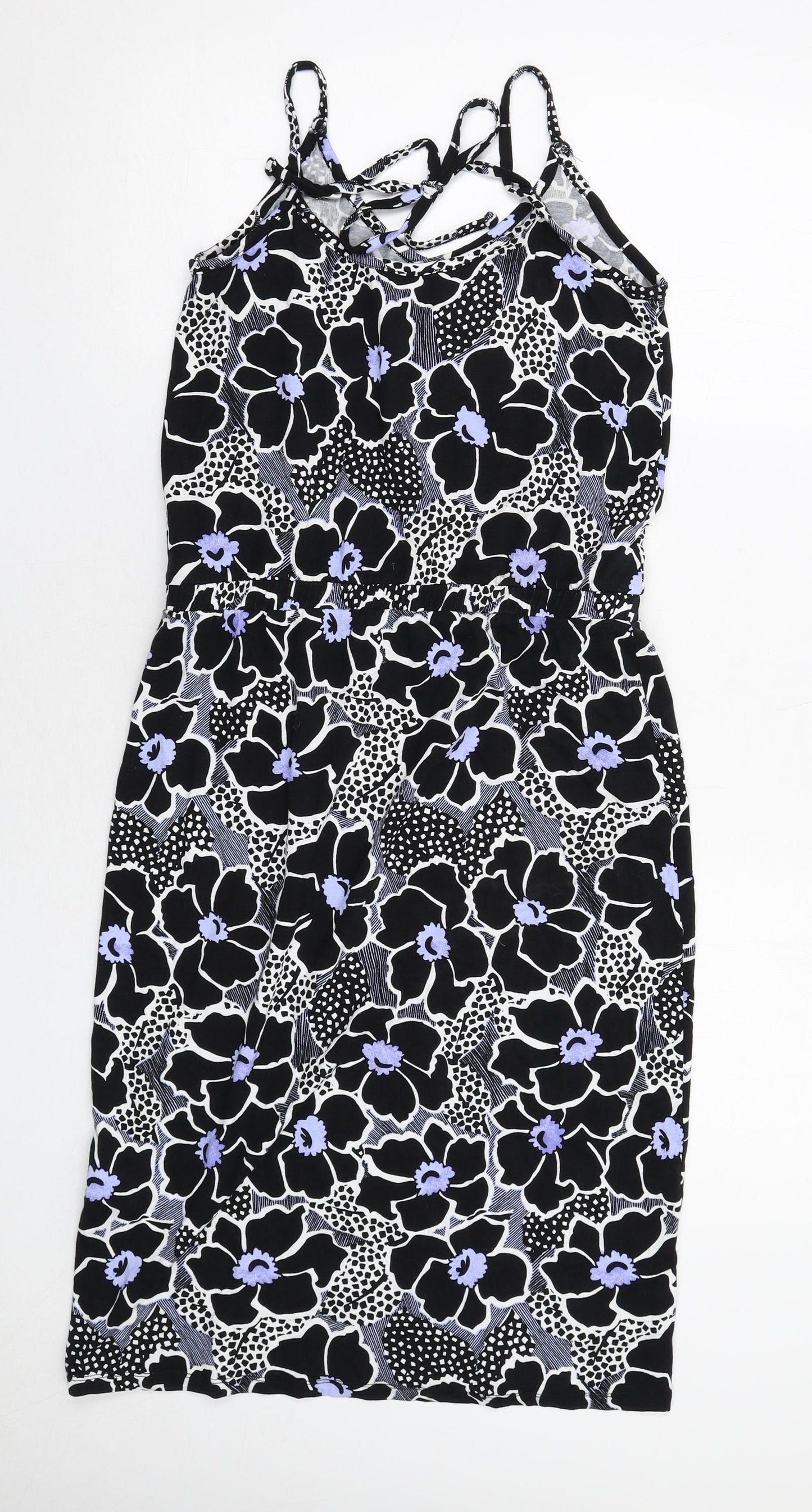 Warehouse Womens Black Floral Viscose Tank Dress Size 10 Round Neck Pullover