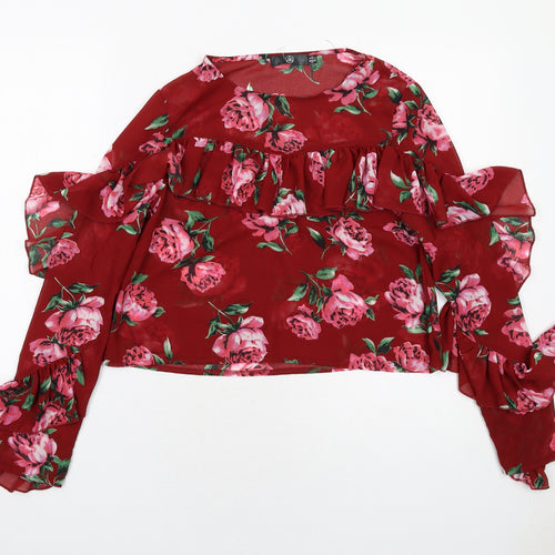 Missguided Womens Red Floral Polyester Basic Blouse Size 6 Round Neck