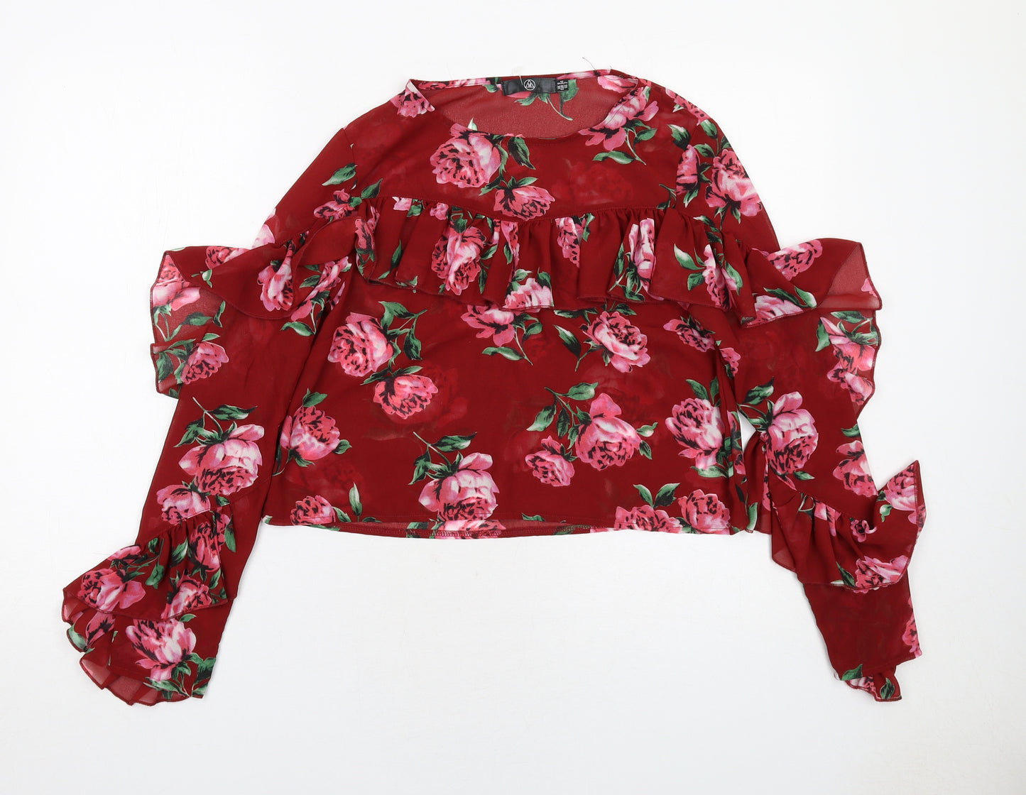 Missguided Womens Red Floral Polyester Basic Blouse Size 6 Round Neck