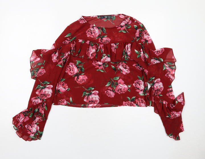 Missguided Womens Red Floral Polyester Basic Blouse Size 6 Round Neck