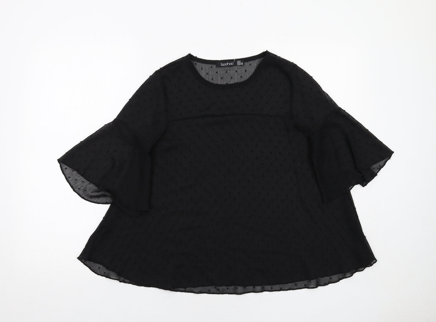 Boohoo Womens Black Polka Dot Polyester Basic Blouse Size 8 Round Neck