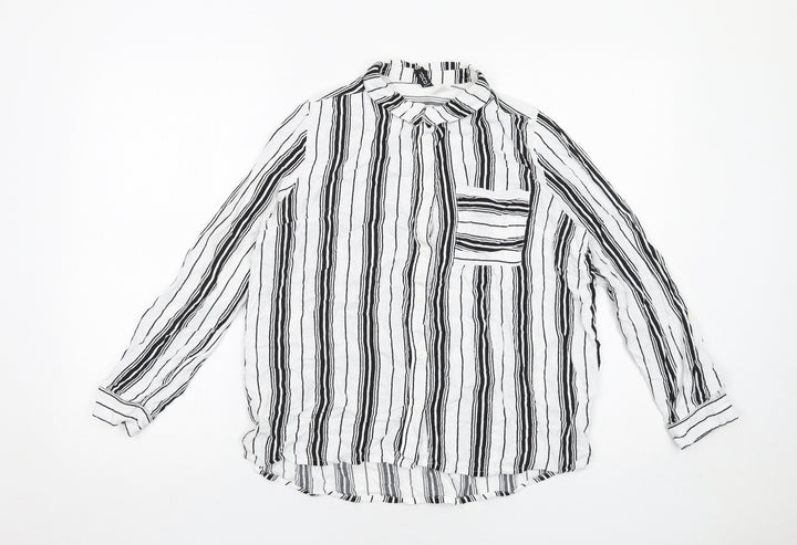 H&M Womens White Striped Viscose Basic Button-Up Size 10 V-Neck