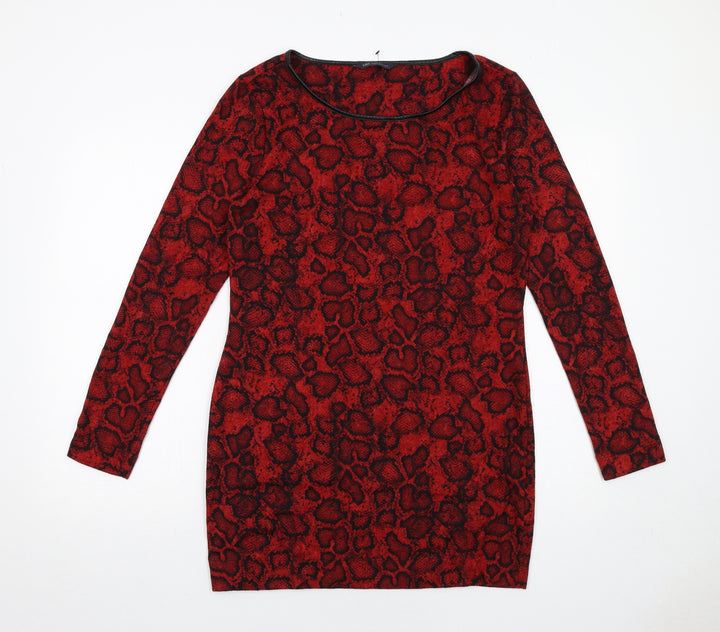 Marks and Spencer Womens Red Animal Print Polyester A-Line Size 12 Round Neck Pullover - Snakeskin Pattern