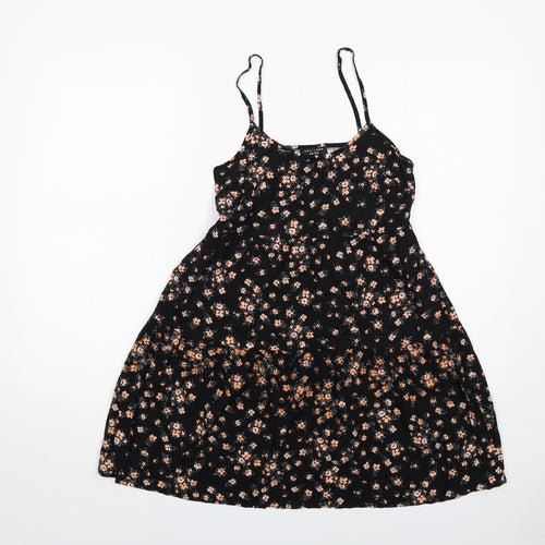 New Look Womens Black Floral Viscose Tank Dress Size 6 Round Neck Pullover
