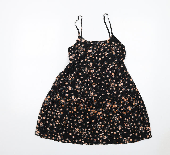 New Look Womens Black Floral Viscose Tank Dress Size 6 Round Neck Pullover