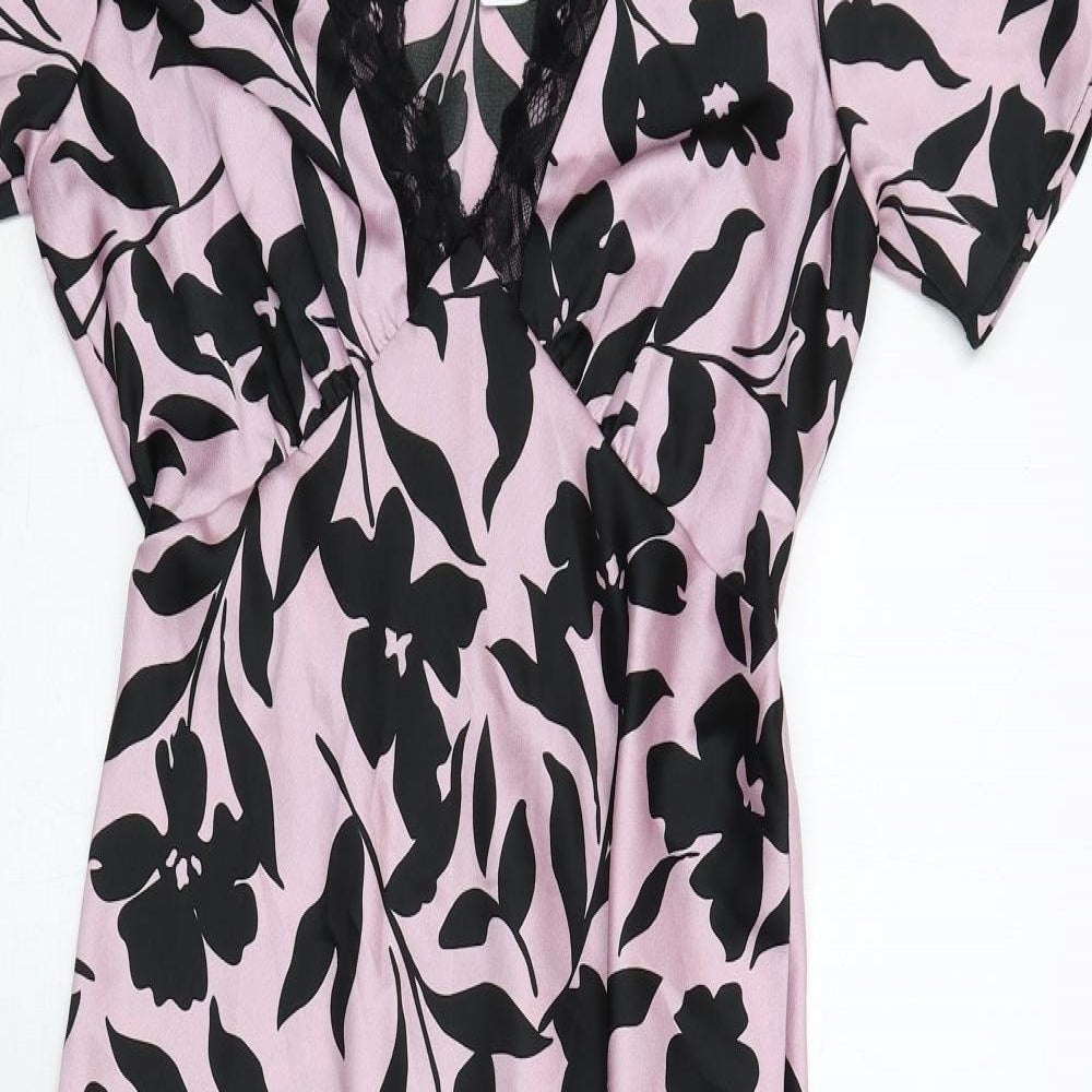 New Look Womens Pink Floral Polyester A-Line Size 10 V-Neck Pullover