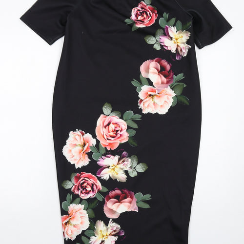 New Look Womens Black Floral Polyester A-Line Size 10 Boat Neck Pullover