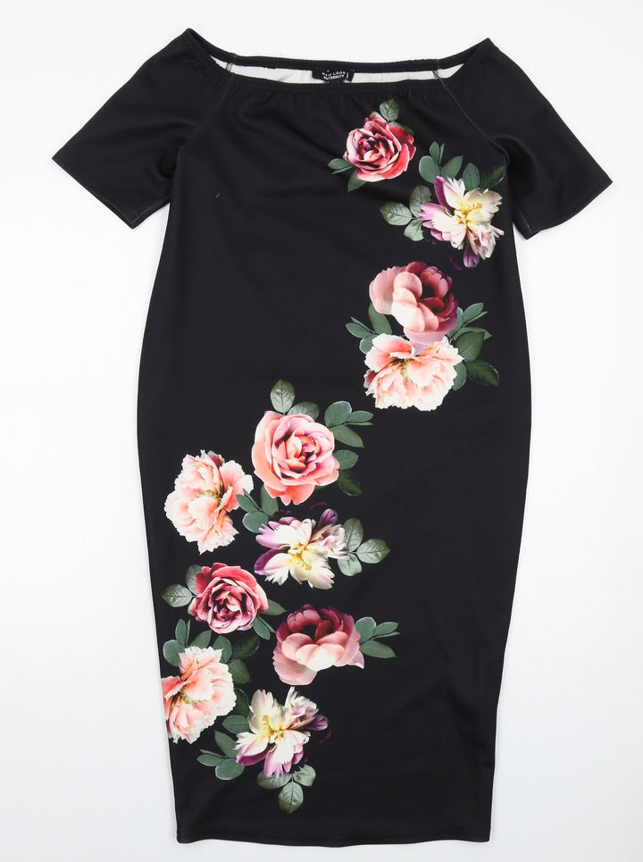 New Look Womens Black Floral Polyester A-Line Size 10 Boat Neck Pullover