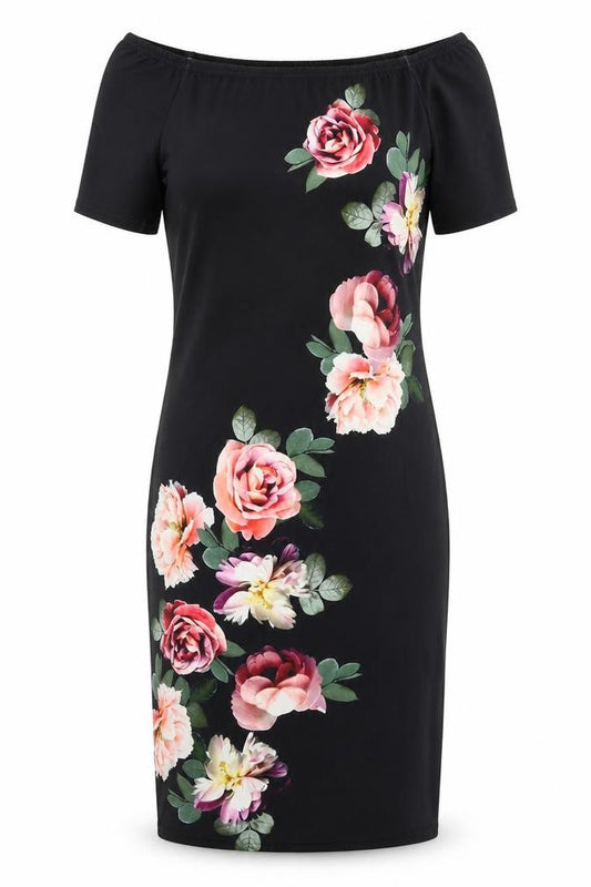 Front view of New Look women’s black floral polyester a-line, size UK 10, boat neck pullover