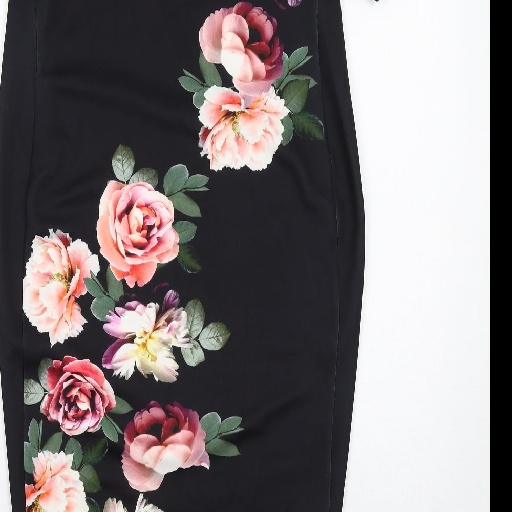 New Look Womens Black Floral Polyester A-Line Size 10 Boat Neck Pullover