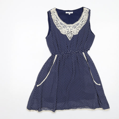 New Look Womens Blue Polka Dot Polyester Fit & Flare Size 10 Round Neck Pullover