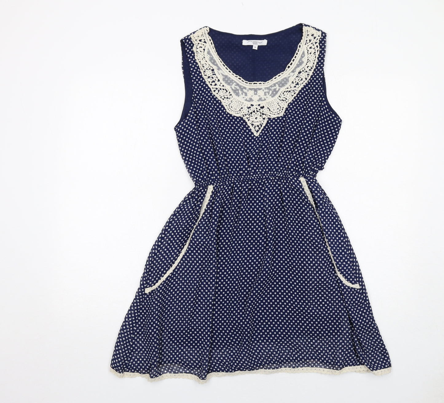 New Look Womens Blue Polka Dot Polyester Fit & Flare Size 10 Round Neck Pullover