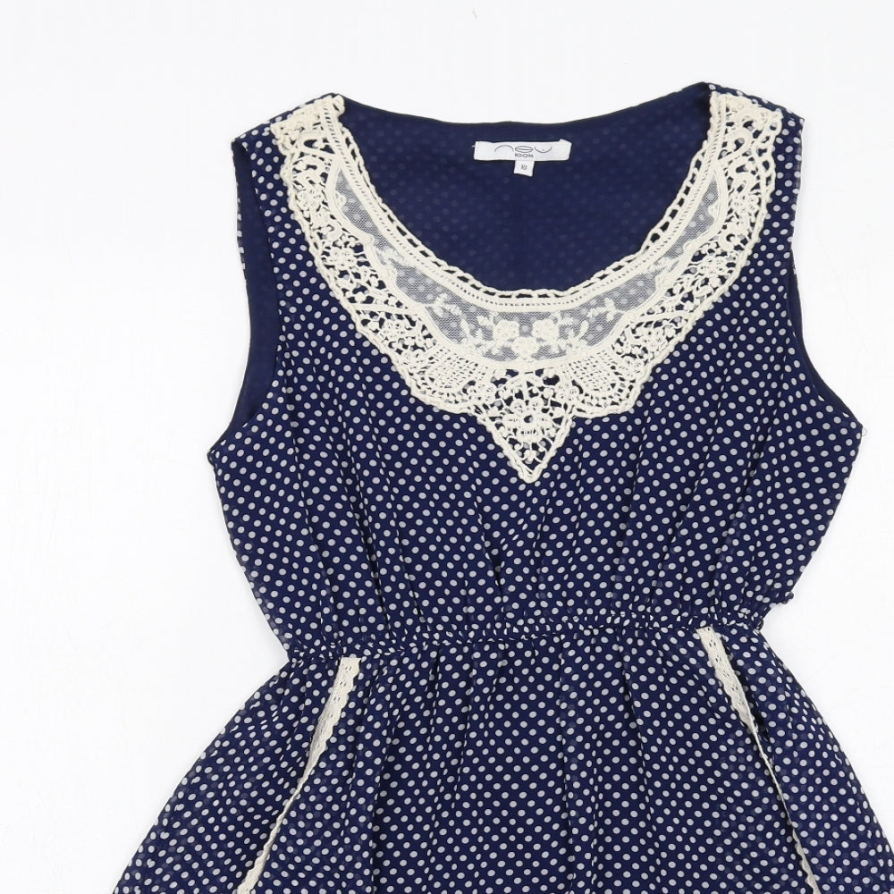 New Look Womens Blue Polka Dot Polyester Fit & Flare Size 10 Round Neck Pullover