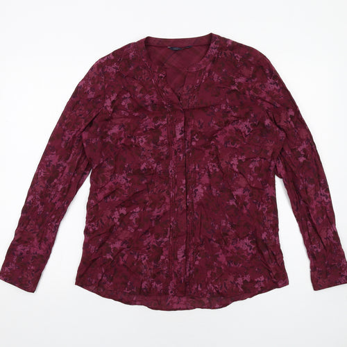 Marks and Spencer Womens Purple Geometric Cotton Basic Button-Up Size 12 V-Neck