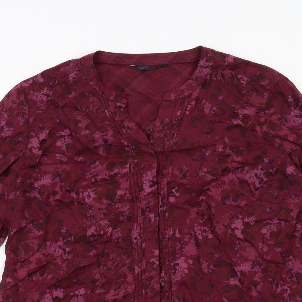 Marks and Spencer Womens Purple Geometric Cotton Basic Button-Up Size 12 V-Neck
