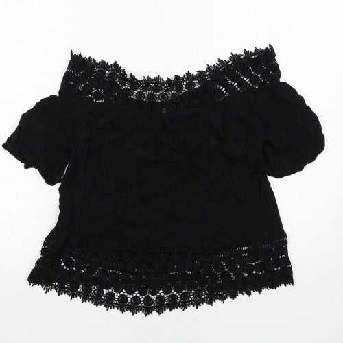 Miss Selfridge Womens Black Viscose Basic Blouse Size 10 Off the Shoulder - Crocheted Lace Trim