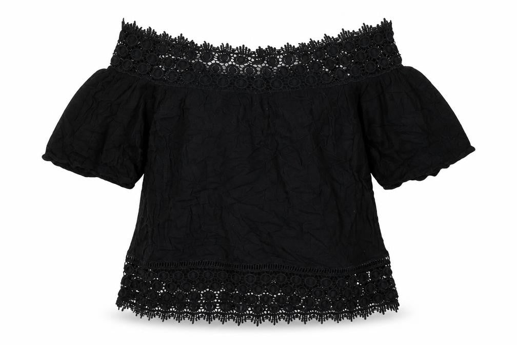 Front view of Miss Selfridge women’s black viscose basic blouse, size UK 10, off the shoulder - crocheted lace trim