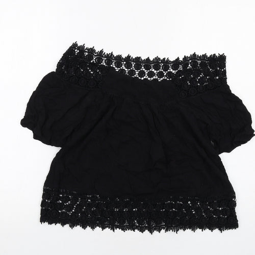 Miss Selfridge Womens Black Viscose Basic Blouse Size 10 Off the Shoulder - Crocheted Lace Trim