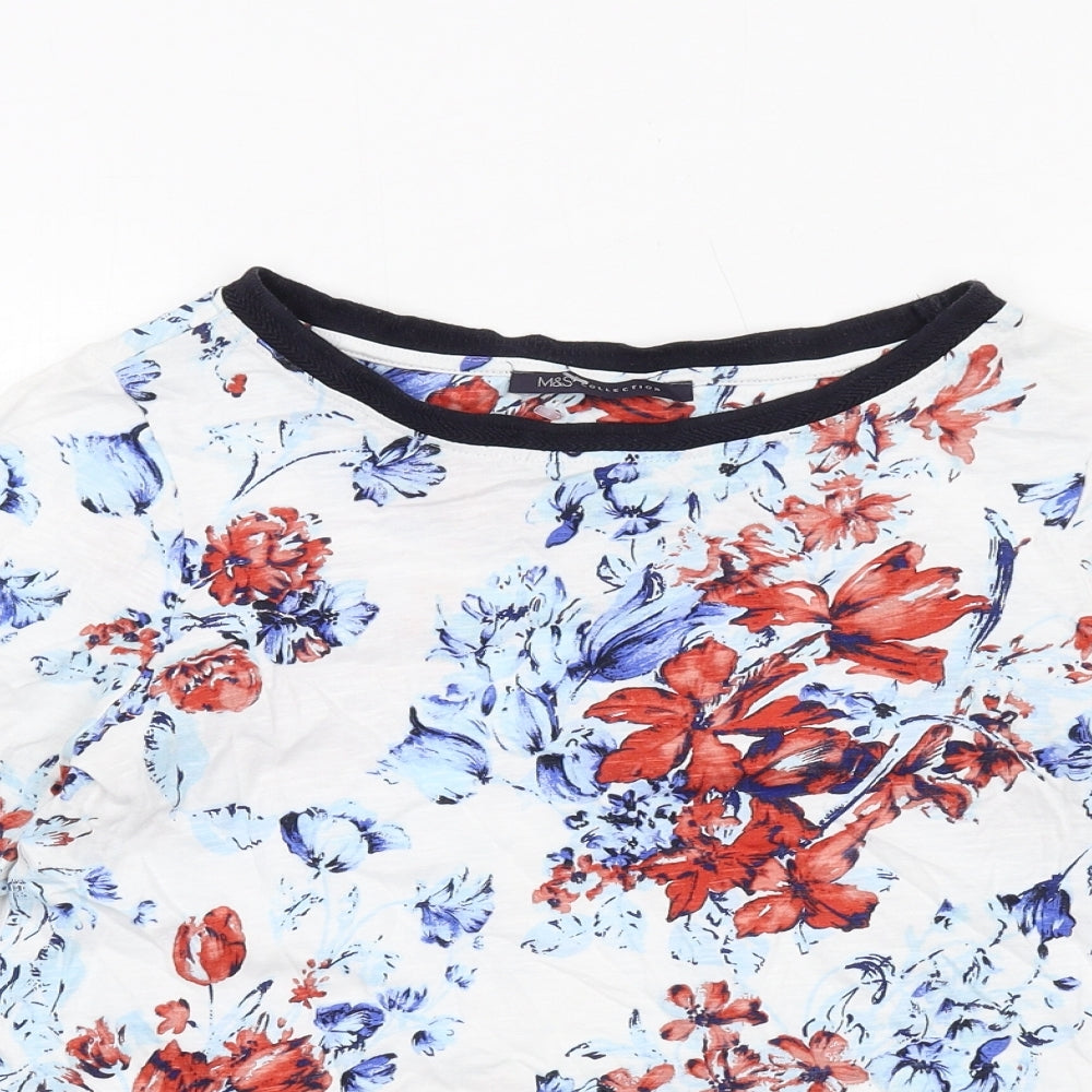 Marks and Spencer Womens White Floral Cotton Basic Blouse Size 8 Boat Neck