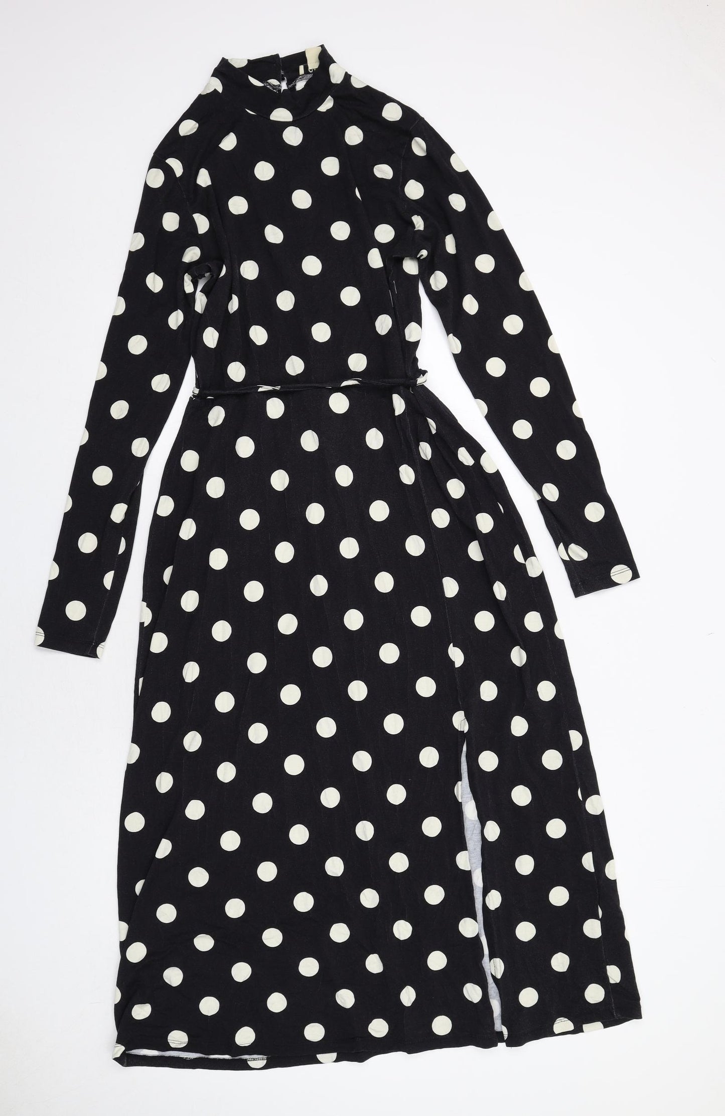 Oasis Womens Black Polka Dot Viscose Maxi Size M Round Neck Button