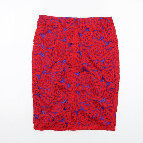 Marks and Spencer Womens Red Floral Polyamide A-Line Skirt Size 8 Zip