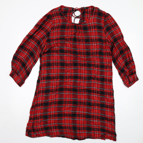 Zara Womens Red Plaid Viscose A-Line Size 14 Round Neck Tie