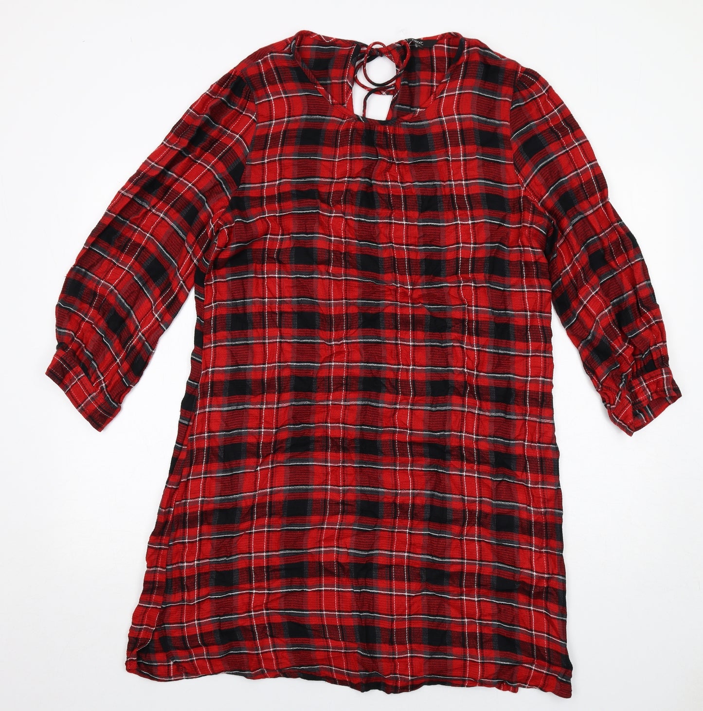 Zara Womens Red Plaid Viscose A-Line Size 14 Round Neck Tie