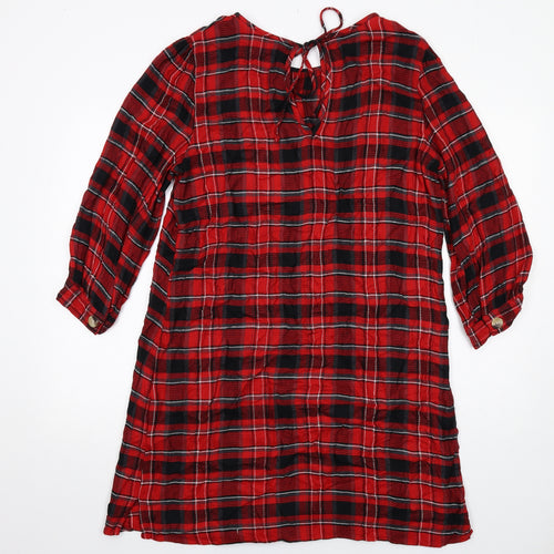 Zara Womens Red Plaid Viscose A-Line Size 14 Round Neck Tie
