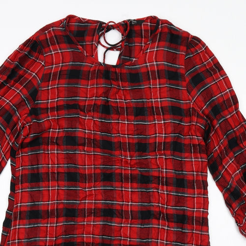Zara Womens Red Plaid Viscose A-Line Size 14 Round Neck Tie