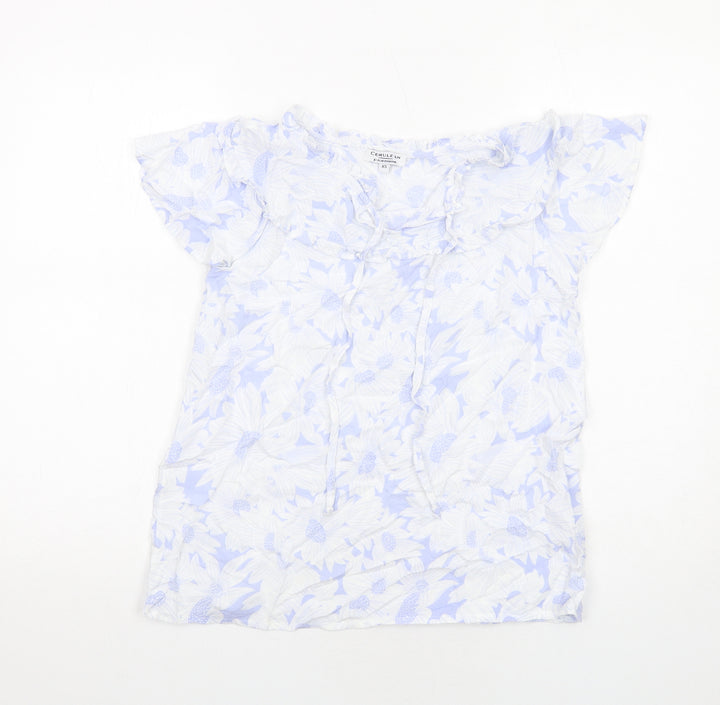 Cerulean Womens Blue Floral Viscose Basic Blouse Size XS Round Neck
