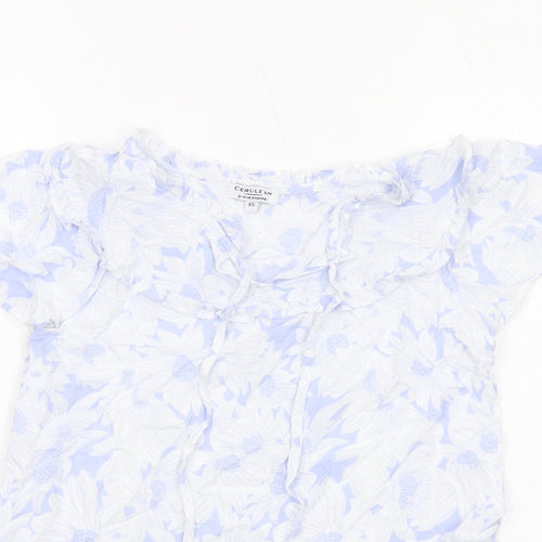 Cerulean Womens Blue Floral Viscose Basic Blouse Size XS Round Neck