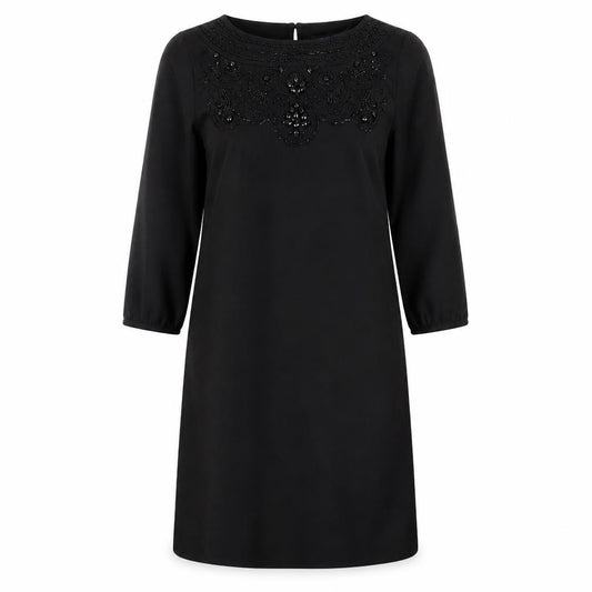 Front view of Marks & Spencer women’s black polyester a-line, size UK 10, round neck zip