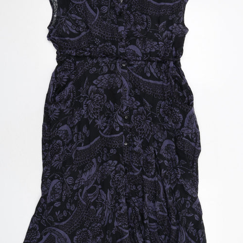 Monsoon Womens Black Floral Viscose A-Line Size 14 V-Neck Button
